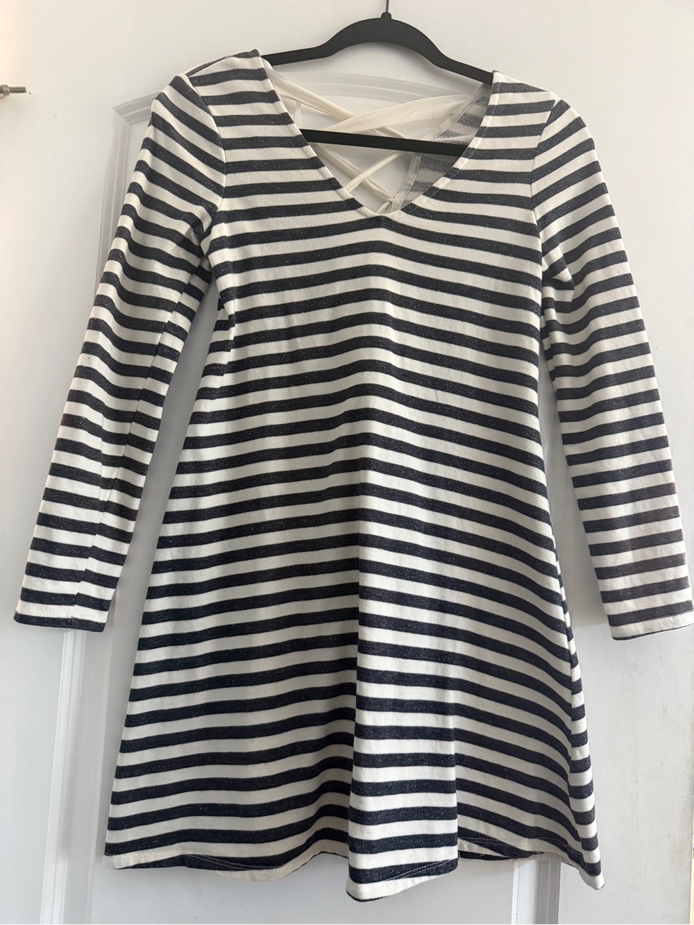 A. Byer Navy and White Striped Long-Sleeve A-Line Dress